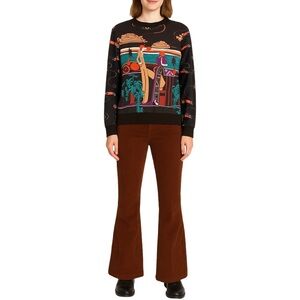 Vintage 70s Art Deco Long Sleeve Top Boardwalk Scene Print Maximalist